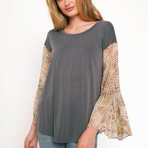 MYSTREE PRINTED FLARE SLEEVE MODAL TOP